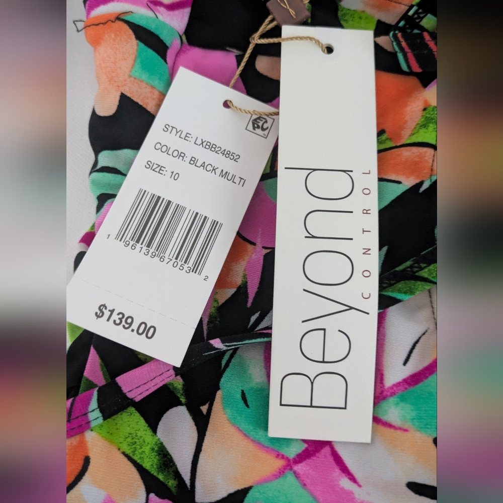 BEYOND CONTROL New Black Multi Printed Ruffled V-neck One-piece Swimsuit Size 10 - Picture 4 of 13